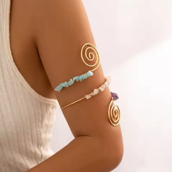 New, Natural Stones Spiral Upper Arm Cuff Bangle Adjustable Open bracelet - Picture 4 of 8